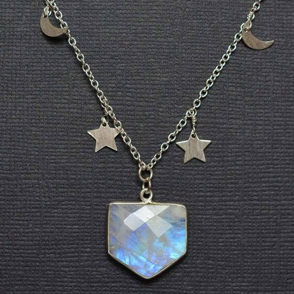Moonstone Pentagon Pendant on Moon and Star Chain - Picture 1 of 2